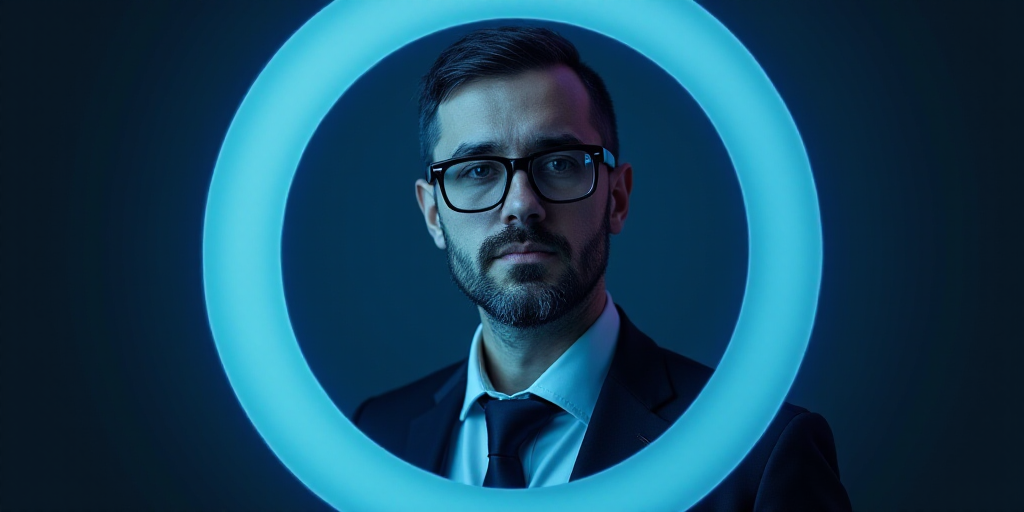a blue and black photo of a man with glasses and a suit on, with the caption of a photo of a man in