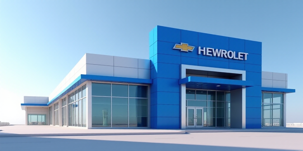 a blue and white building with the gm logo on it's side and a blue and white building with the gm lo