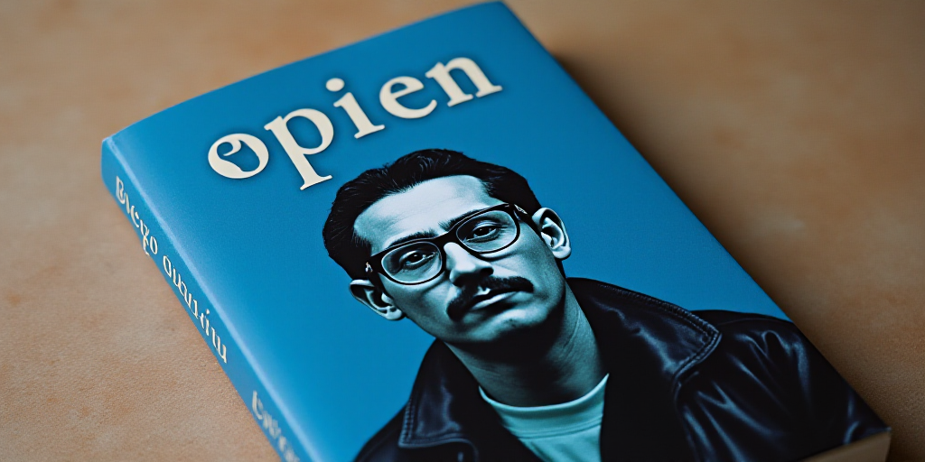 a blue book cover with a photo of a man in glasses and a black jacket on it, and the words, opinion,