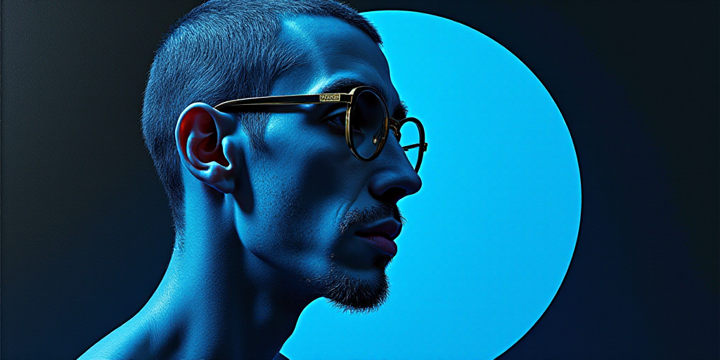 a blue book cover with a picture of a man in glasses and a black background with a blue circle, Agus