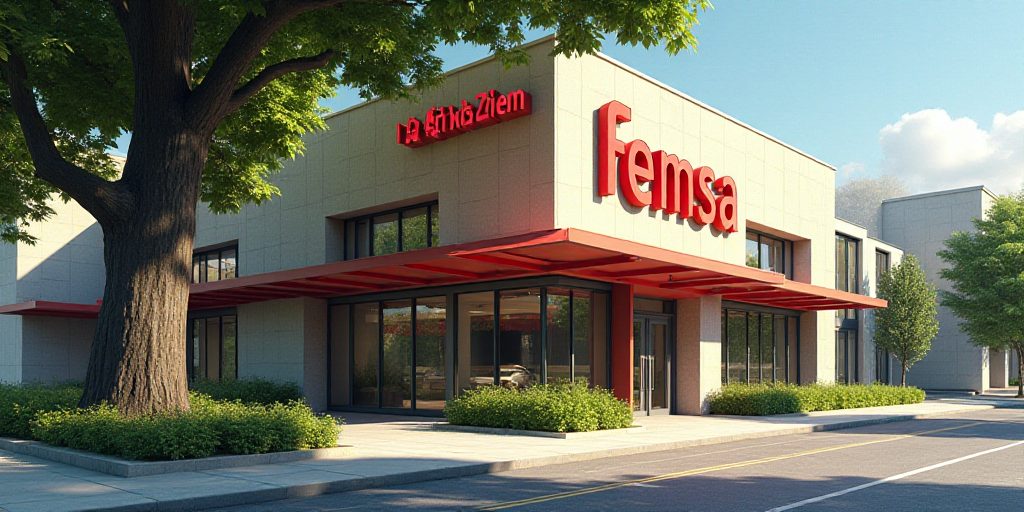 a building with a sign that says femsa on it and a tree in front of it and a building with a sign th