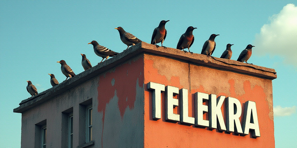 a building with a sign that says telekra on it's side and birds perched on the roof, Bela Čikoš Se