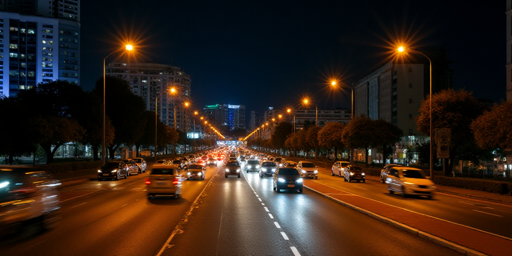 a city street at night with cars driving on it and buildings in the background at night time with li