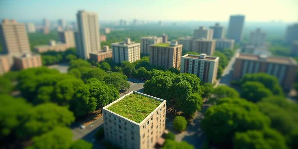 a city with lots of tall buildings and lots of trees in the background, with a green roof top, Diego