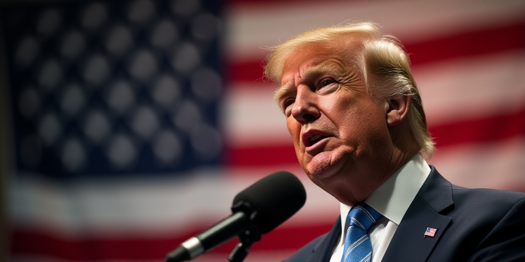 a close up of a person speaking into a microphone with an american flag in the background and a micr