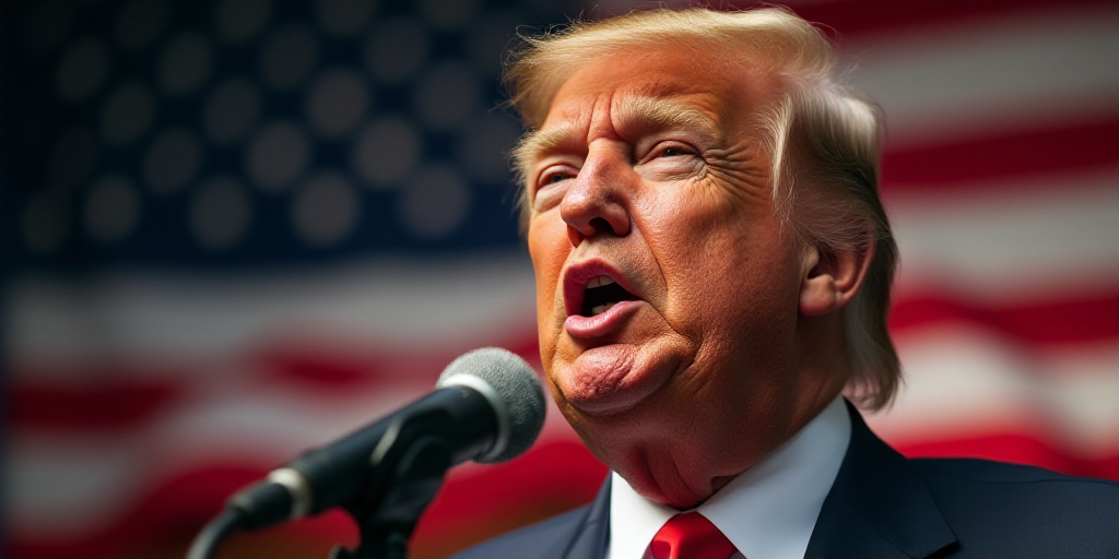 a close up of a person speaking into a microphone with an american flag in the background and a micr