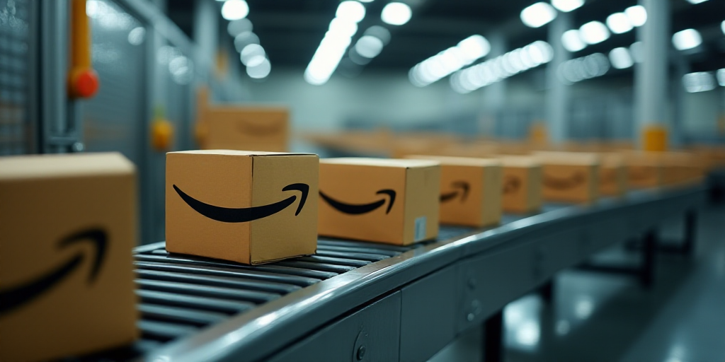 a conveyor belt with boxes and amazon logo on it and a conveyor belt with boxes on it, Andries Stock