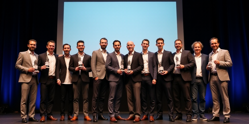 a group of men standing on a stage holding trophies in their hands and posing for a picture with a l