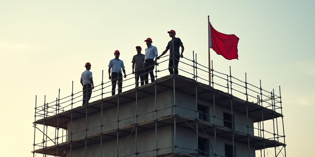 a group of men standing on top of a tall building under construction with scaffolding around them an