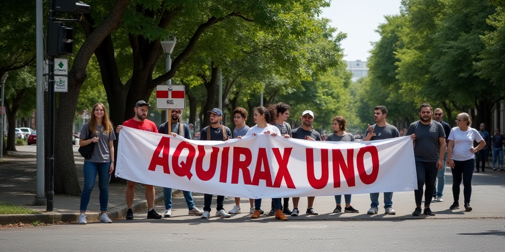 a group of people holding a banner on a street corner with trees in the background and a person hold