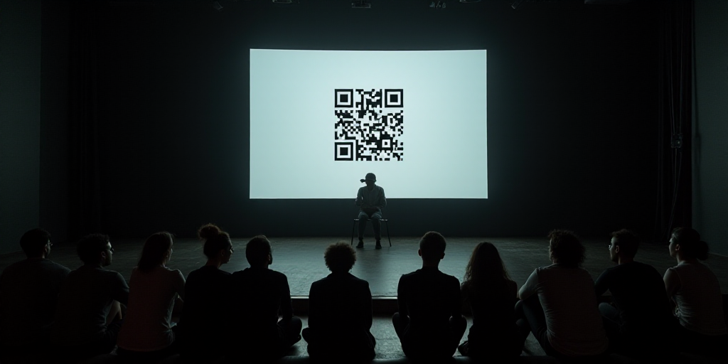 a group of people sitting on a stage with a projector screen behind them and a qr code on the screen