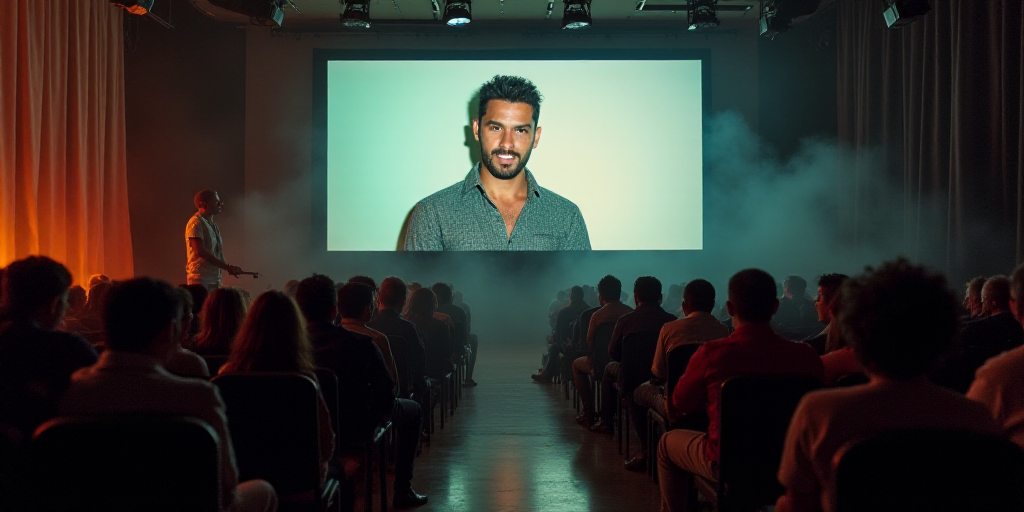 a group of people sitting on chairs in front of a screen with a man on it and a woman standing on th