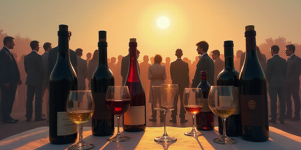 a group of people standing around a display of wine bottles and glasses of wine in front of a crowd,