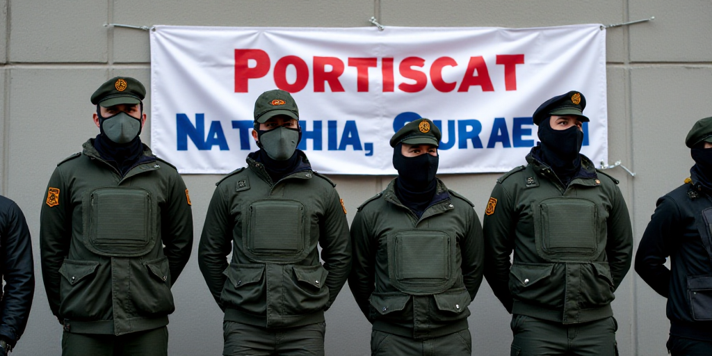 a group of people standing in front of a wall wearing masks and uniforms with a banner behind them t
