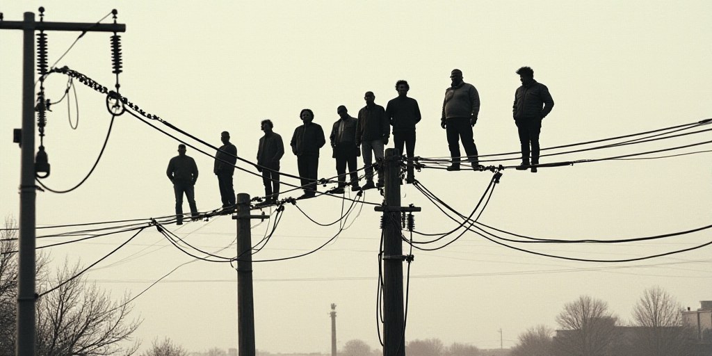 a group of people standing on top of a power line with wires attached to them and wires attached to