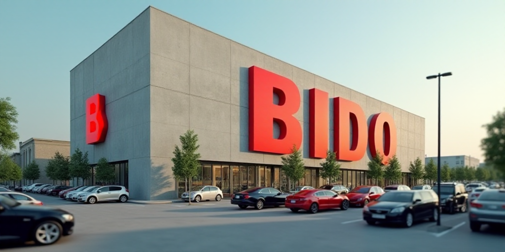 a large building with a giant sign on it's side in a city area with a lot of cars parked in front of