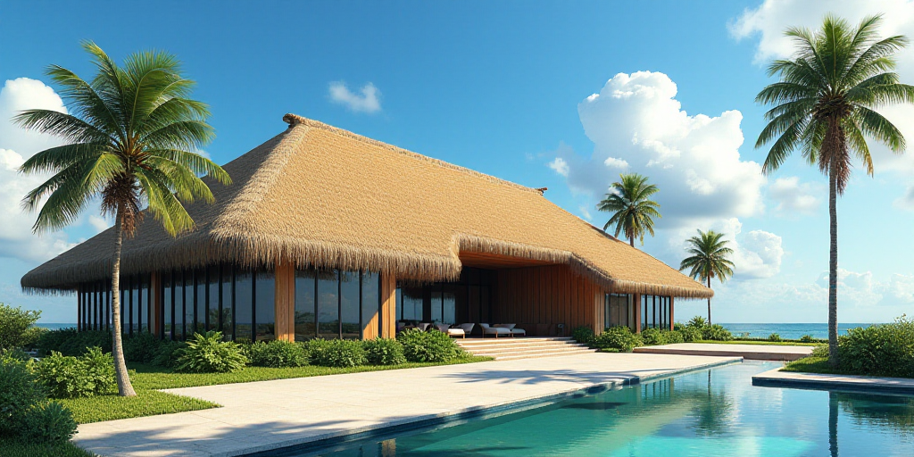 a large building with a thatched roof and a palm tree in front of it and a blue sky with clouds, Eng