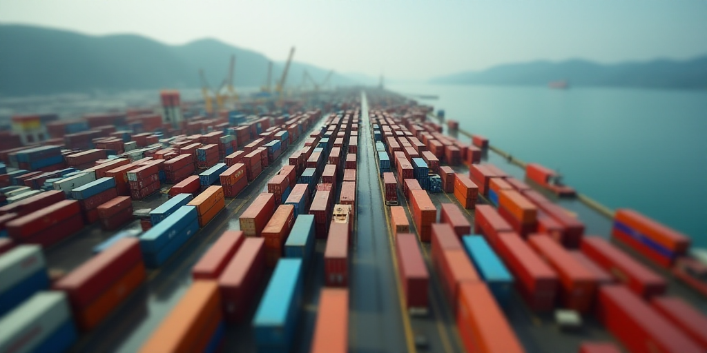 a large container yard with a lot of containers in it and a large body of water in the background, E