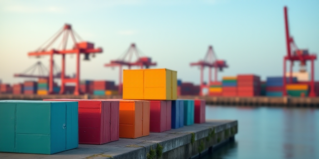 a large group of colorful boxes sitting on top of a dock next to a body of water with cranes in the