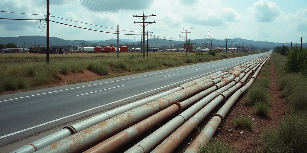 a large group of pipes are lined up on the side of the road near a gas station with a lot of tanks,