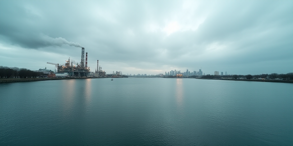 a large industrial area with a large body of water and a factory on the other side of the lake, Epsy