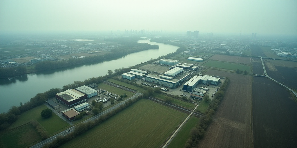 a large industrial area with a river running through it and a large industrial area in the backgroun