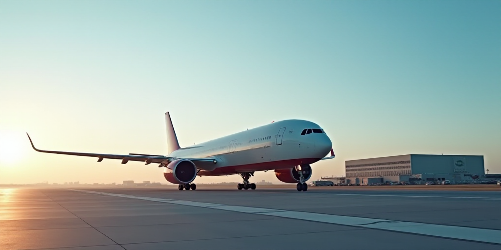 a large jetliner sitting on top of an airport runway next to a building with windows and a logo on i