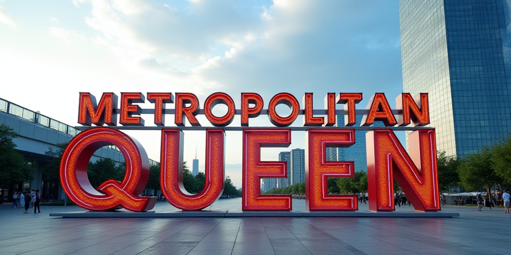 a large sign that says metropolitan queen and a tall building in the background with a sky backgroun