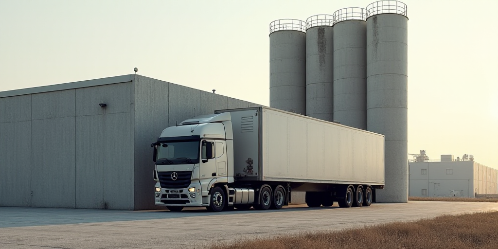 a large truck parked in front of a factory building with a large silo behind it and a large silo beh