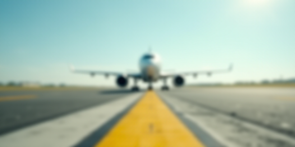 a large white airplane on a run way with a sky background and a yellow line on the ground in front o