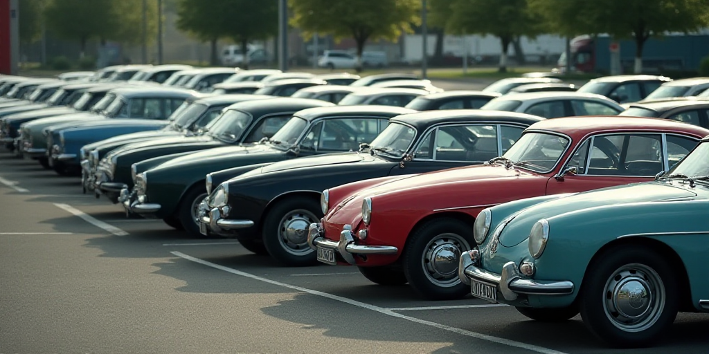 a lot of cars parked in a lot next to each other in rows and lined up in rows with the doors open, A