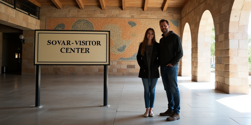 a man and a woman standing next to a sign for a visitor center in a building with a mosaic wall behi
