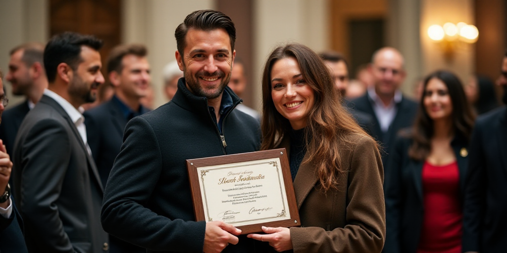 a man and woman holding a plaque and smiling at the camera while others look on at the camera and sm