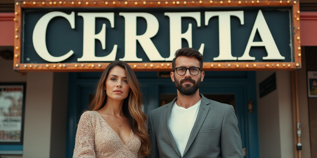 a man and woman standing in front of a sign that says'cereta'in spanish and english, Derf, hyper rea