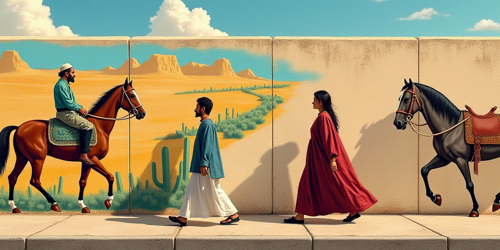 a man and woman walking past a wall with a mural on it's side and a horse drawn on it, Art & Languag
