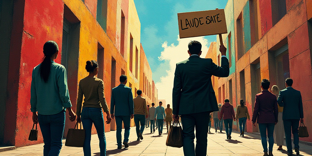 a man holding a sign while walking down a street with other people behind him and a woman holding a