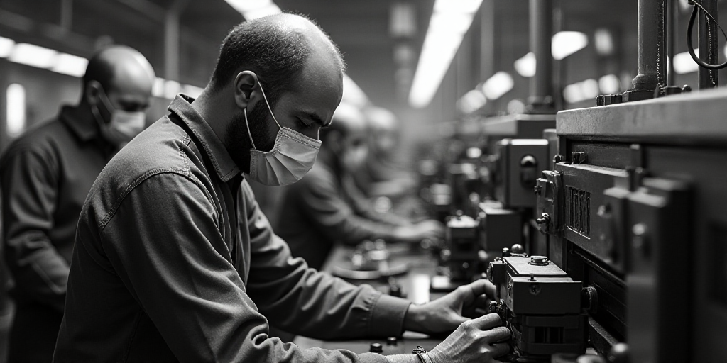 a man in a mask working on a machine in a factory with other workers in the background wearing masks