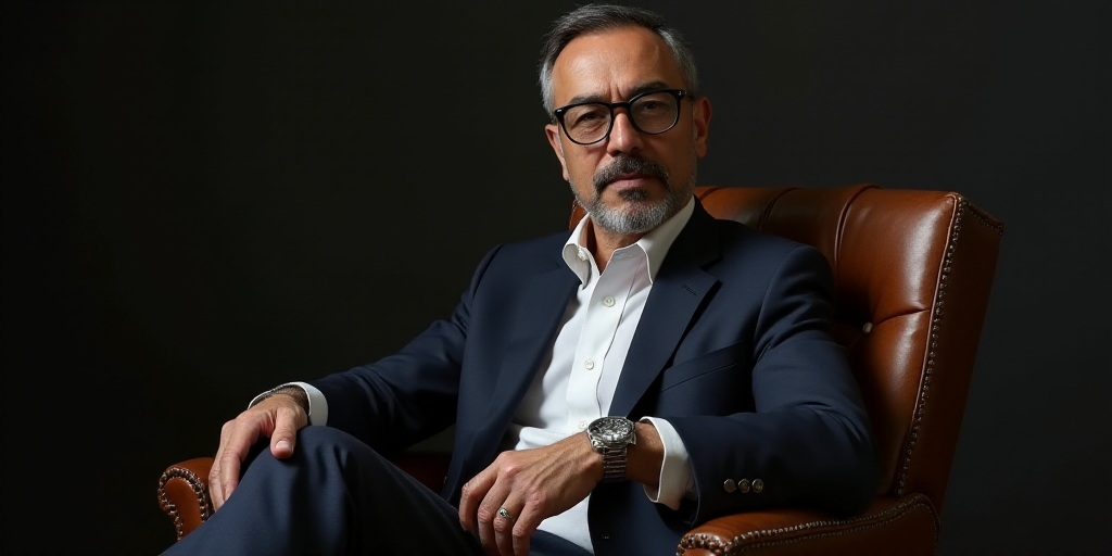 a man in a suit and glasses sitting in a chair with his hands out and a watch on his wrist, Carlos F