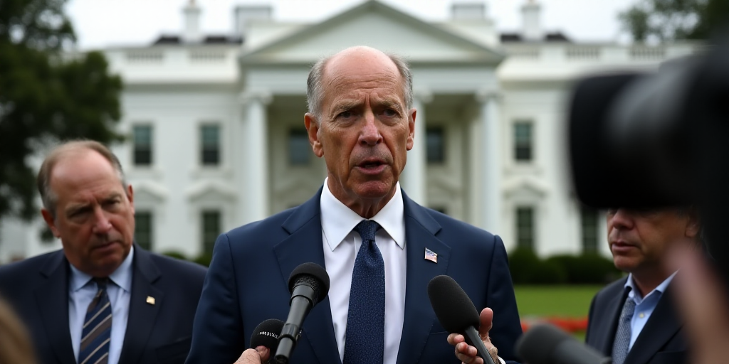 a man in a suit and tie speaking to reporters outside a white house with a microphone in his hand, D