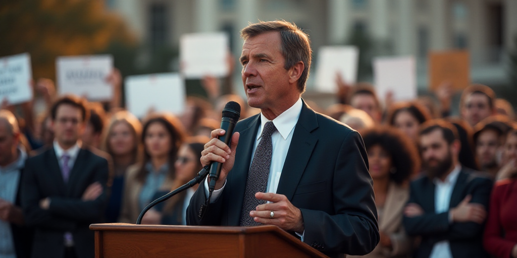 a man in a suit and tie speaking to a crowd of people holding signs and microphones in front of him,