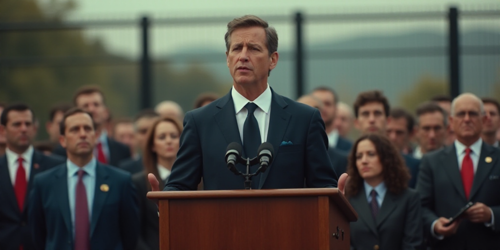 a man in a suit and tie standing at a podium in front of a crowd of people in front of a fence, Dona