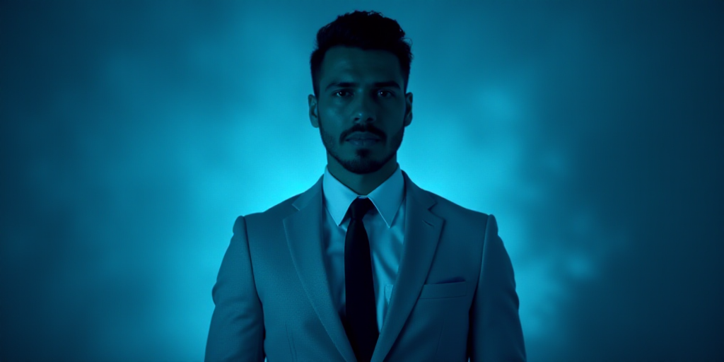 a man in a suit and tie with a blue background and a black and white photo of him and the caption of