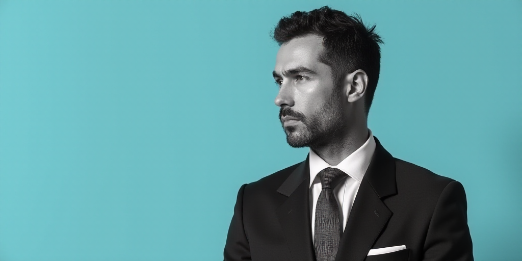 a man in a suit and tie with a blue background and a black and white photo of a man in a suit and ti