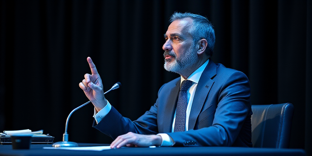 a man in a suit pointing at something with his finger in the air while sitting at a table with a mic