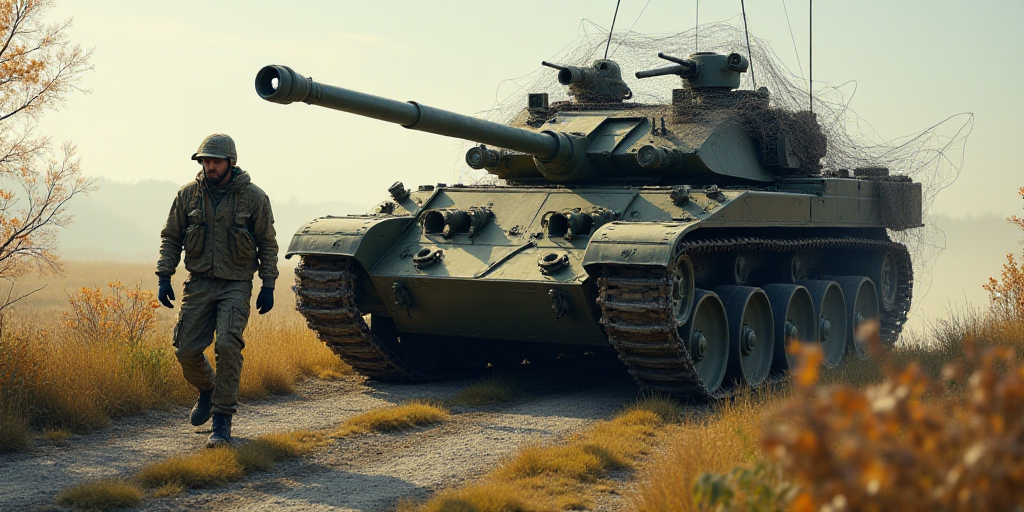 a man in camouflage walking next to a tank with a net on top of it and a net hanging off the side of