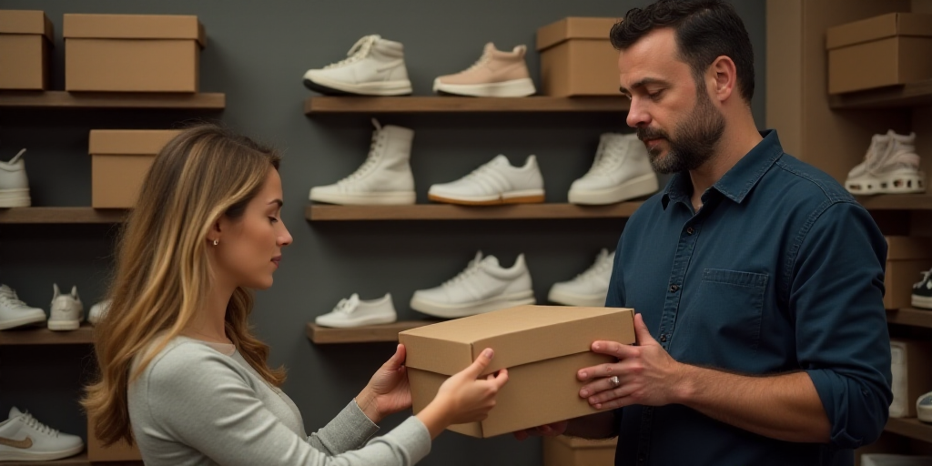 a man is looking at a box in a shoe store with a woman looking at it and a man is looking at the box