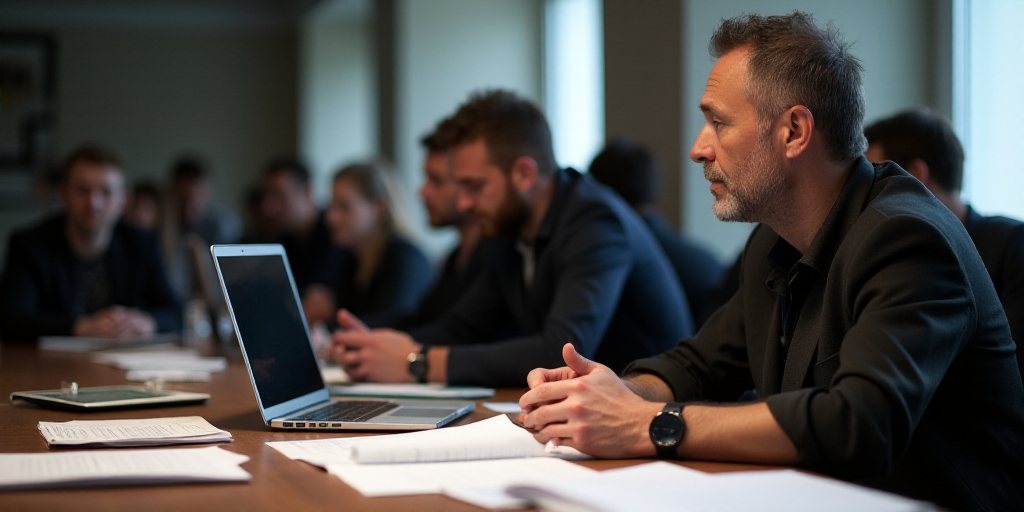 a man sitting at a table with a laptop and papers in front of him, surrounded by other people, Engue