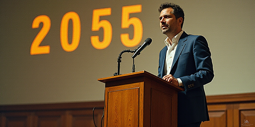 a man standing at a podium with a microphone in front of him and a sign behind him that says 2055, C