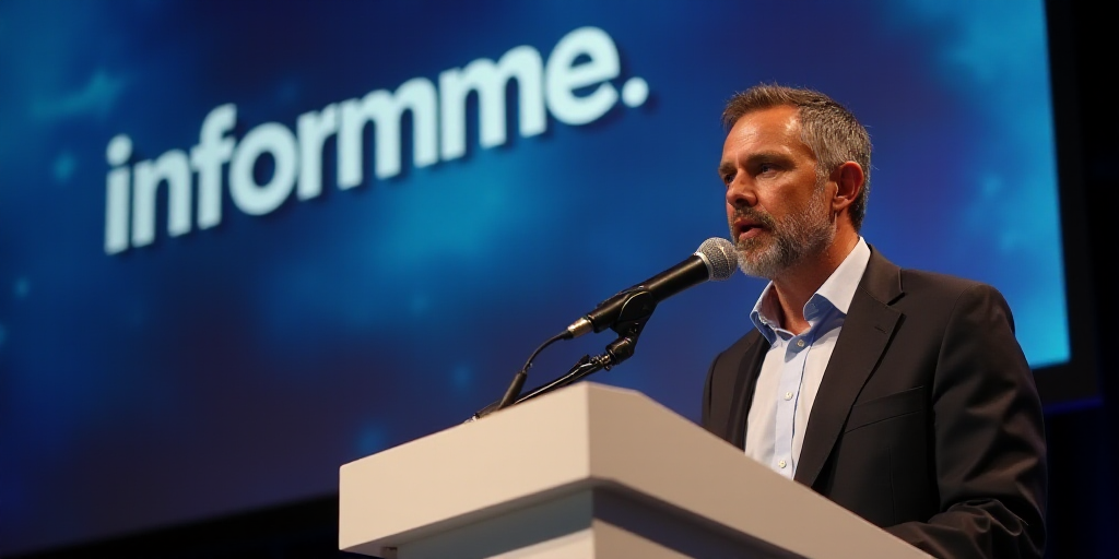 a man standing at a podium with a microphone in front of him and a sign behind him that says informm