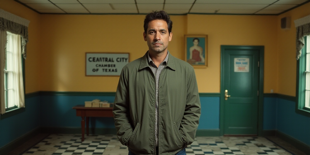 a man standing in a room with a checkered floor and a sign that says central city chamber of texas,